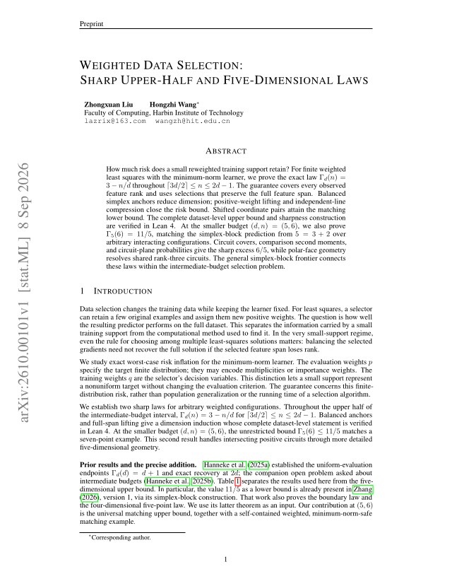 First page of Weighted Data Selection: Sharp Upper-Half and Five-Dimensional Laws