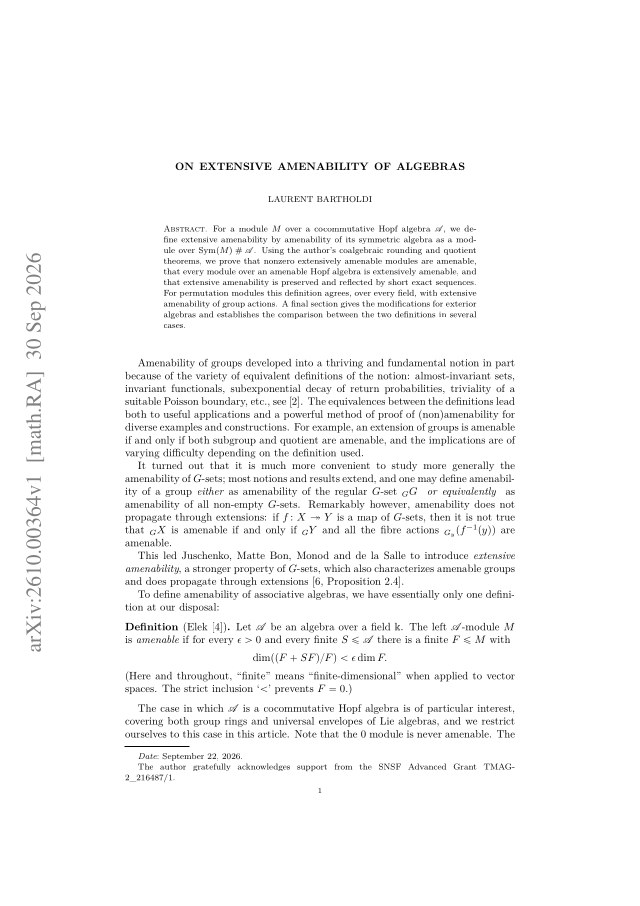 First page of On extensive amenability of algebras