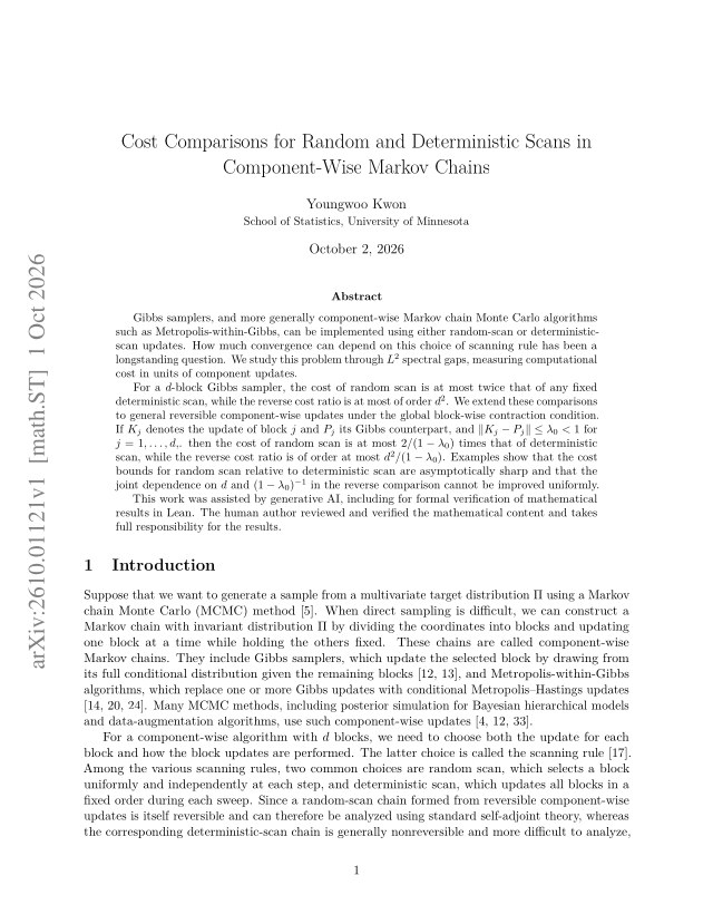 First page of Cost Comparisons for Random and Deterministic Scans in Component-Wise Markov Chains