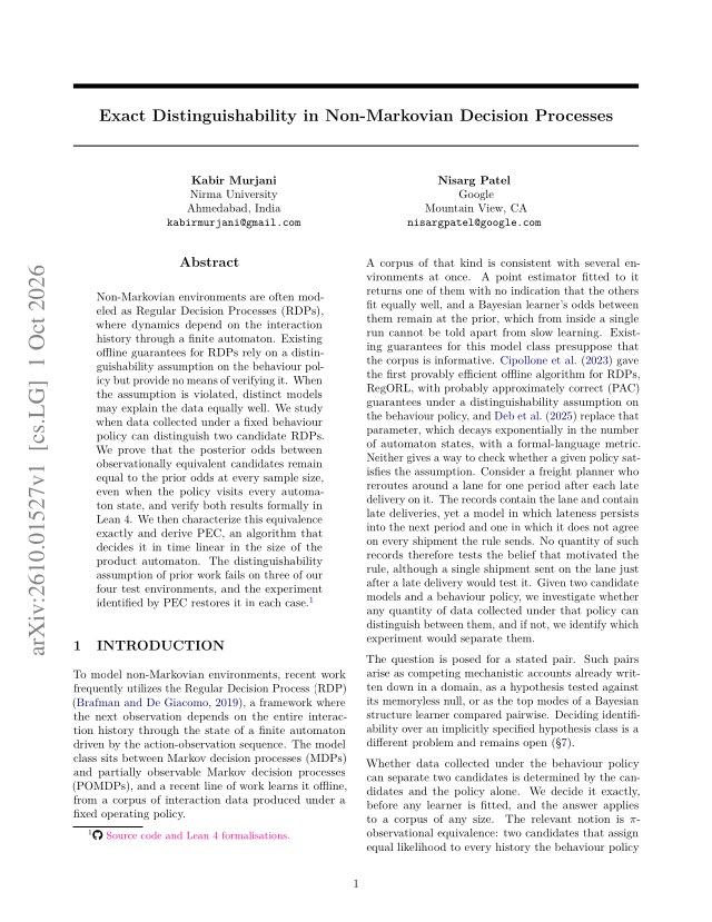 First page of Exact Distinguishability in Non-Markovian Decision Processes