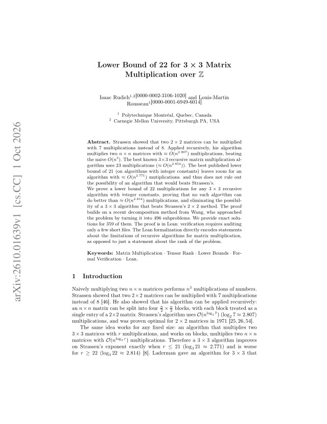 First page of Lower Bound of 22 for 3x3 Matrix Multiplication over the Integers