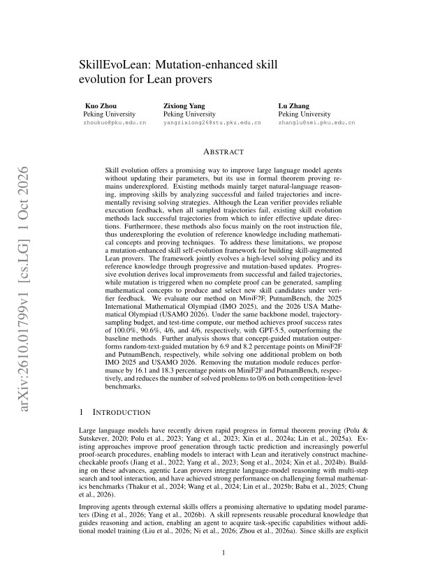 First page of SkillEvoLean: Mutation-enhanced skill evolution for Lean provers