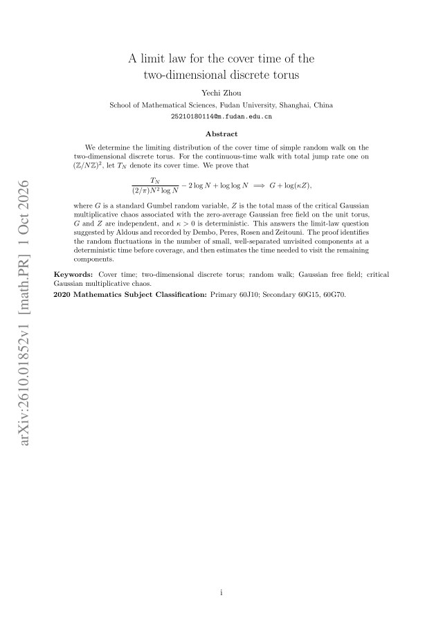 First page of A limit law for the cover time of the two-dimensional discrete torus