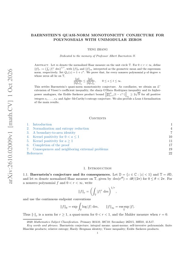 First page of Baernstein's quasi-norm monotonicity conjecture for polynomials with unimodular zero