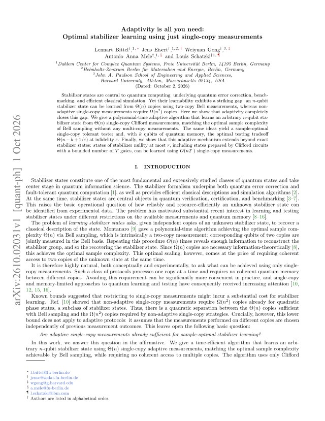 First page of Adaptivity is all you need: Optimal stabilizer learning using just single-copy measurements