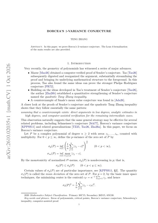 First page of Borcea's 2-variance conjecture