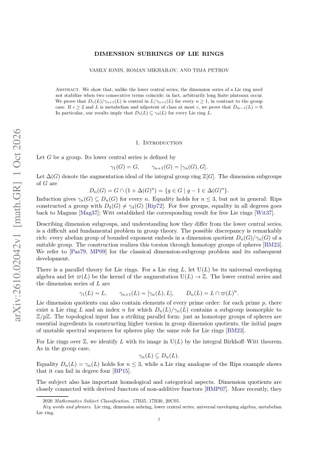 First page of Dimension subrings of Lie rings