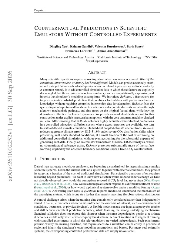First page of Counterfactual Predictions in Scientific Emulators Without Controlled Experiments