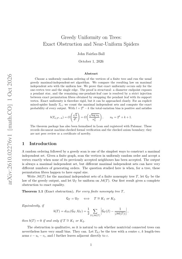 First page of Greedy Uniformity on Trees: Exact Obstruction and Near-Uniform Spiders