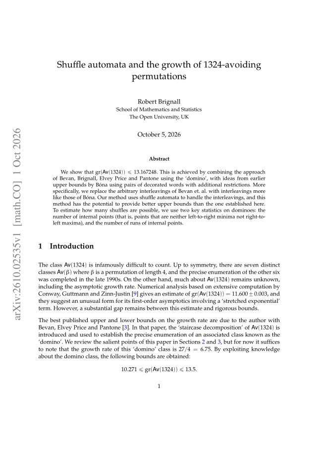 First page of Shuffle automata and the growth of 1324-avoiding permutations