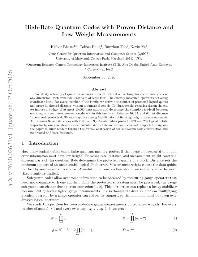 First page of High-Rate Quantum Codes with Proven Distance and Low-Weight Measurements