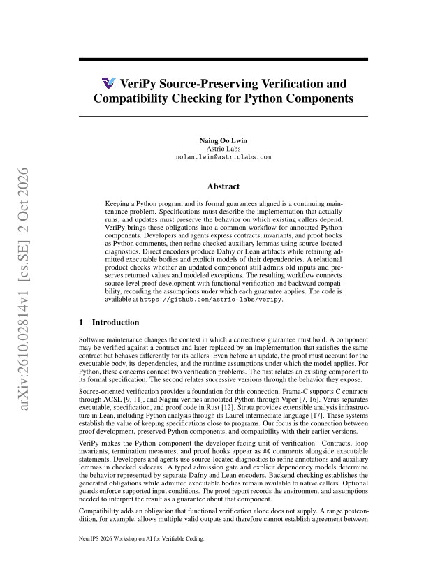 First page of VeriPy Source-Preserving Verification and Compatibility Checking for Python Components