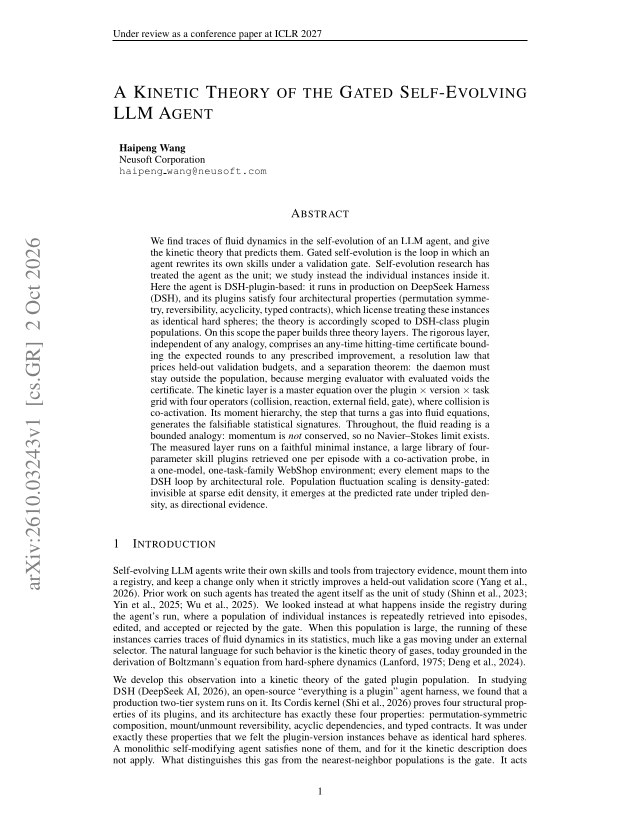 First page of A Kinetic Theory of the Gated Self-Evolving LLM Agent