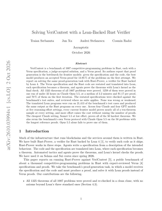 First page of Solving VeriContest with a Lean-Backed Rust Verifier