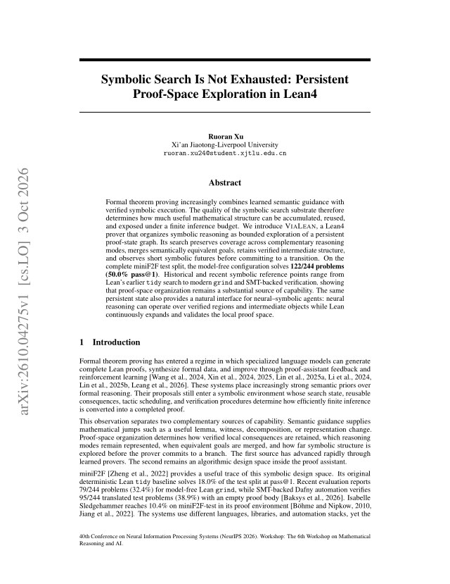 First page of Symbolic Search Is Not Exhausted: Persistent Proof-Space Exploration in Lean4