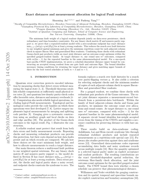First page of Exact distances and measurement allocation for logical Pauli readout
