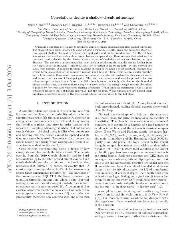 First page of Correlations decide a shallow-circuit advantage