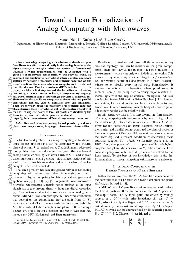 First page of Toward a Lean Formalization of Analog Computing with Microwaves