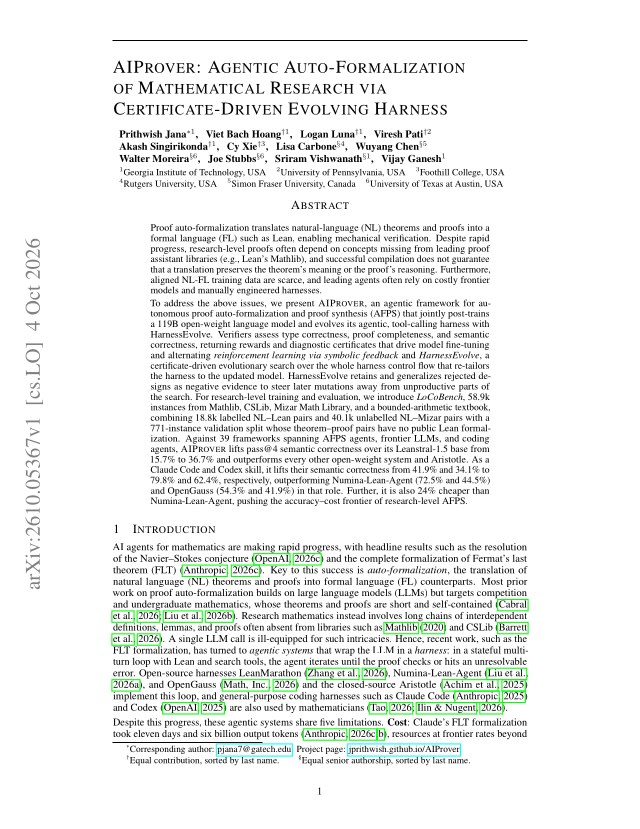 First page of AIProver: Agentic Auto-Formalization of Mathematical Research via Certificate-Driven Evolving Harness