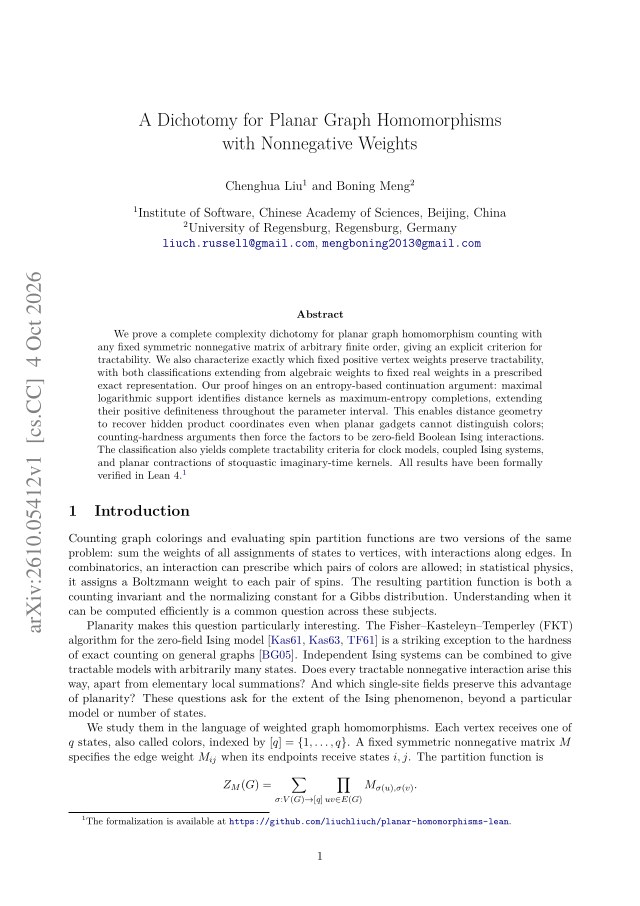 First page of A Dichotomy for Planar Graph Homomorphisms with Nonnegative Weights