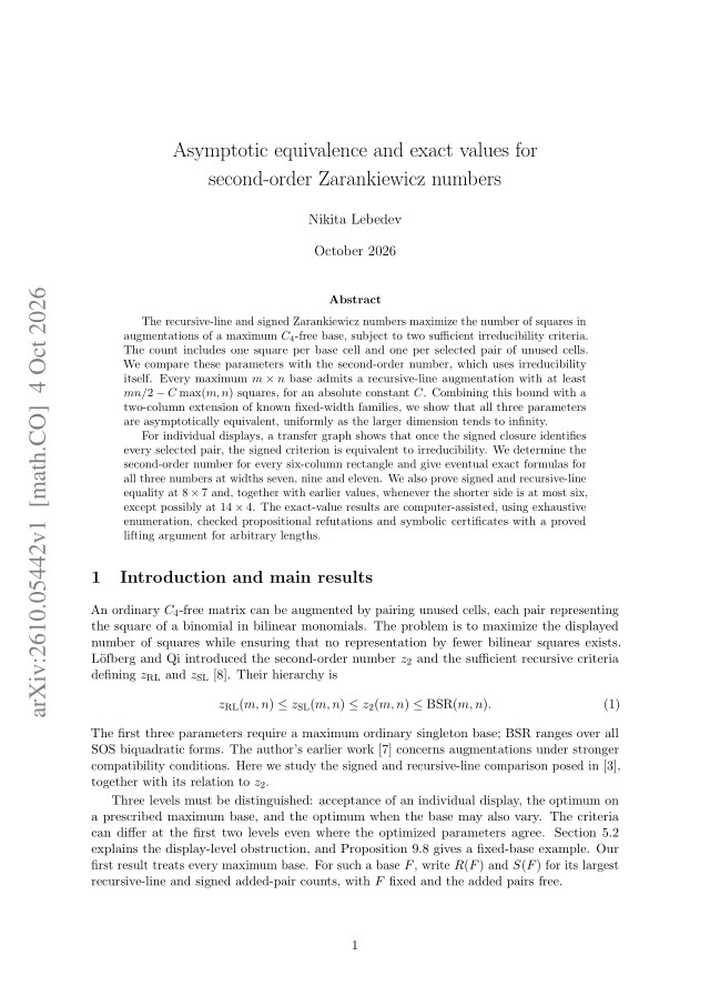 First page of Asymptotic equivalence and exact values for second-order Zarankiewicz numbers