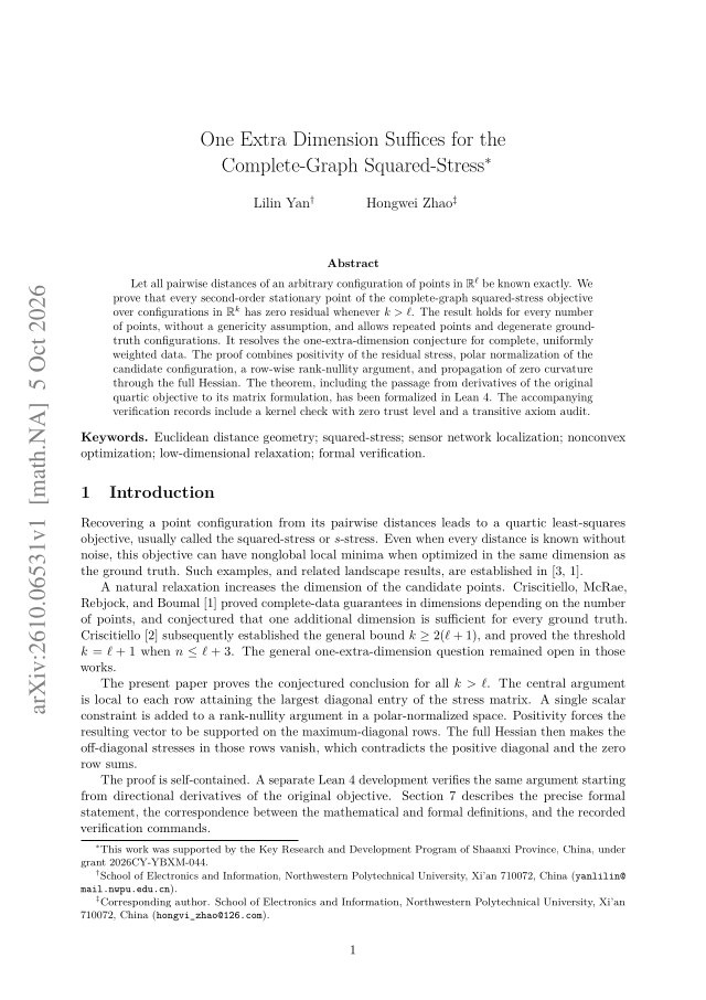 First page of One Extra Dimension Suffices for the Complete-Graph Squared-Stress