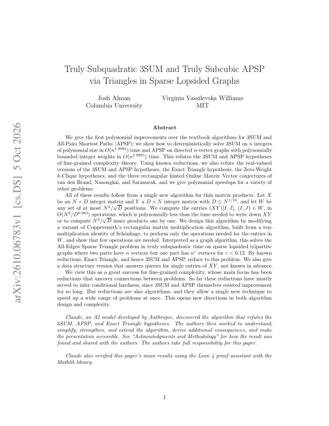 First page of Truly Subquadratic 3SUM and Truly Subcubic APSP via Triangles in Sparse Lopsided Graphs