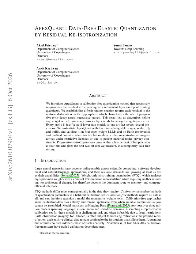 First page of ApexQuant: Data-Free Elastic Quantization by Residual Re-Isotropization