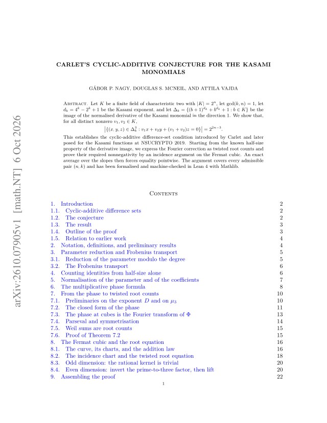 First page of Carlet's cyclic-additive conjecture for the Kasami monomials