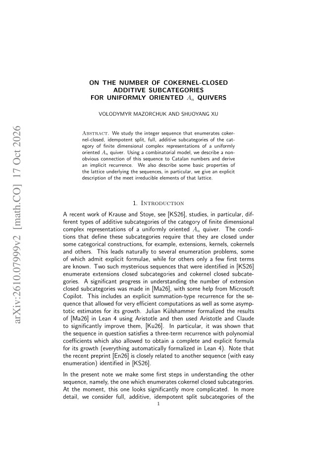 First page of On the number of cokernel-closed additive subcategories for uniformly oriented $A_n$ quivers