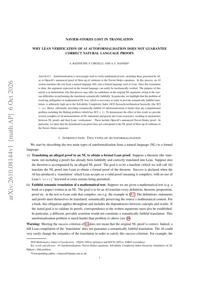First page of Navier-Stokes lost in translation: Why Lean verification of AI autoformalisation does not guarantee correct natural language proofs