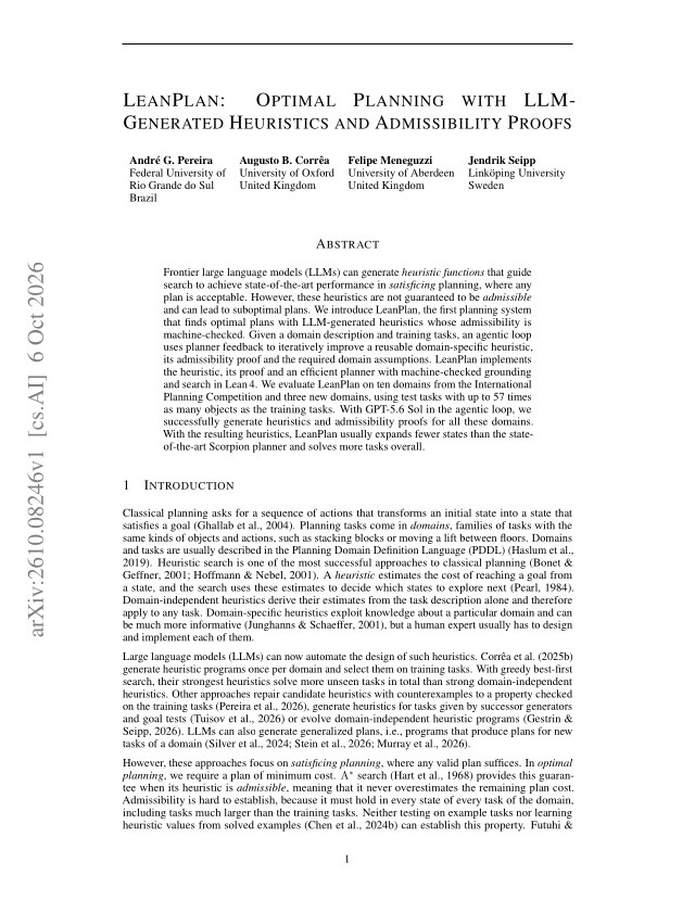 First page of LeanPlan: Optimal Planning with LLM-Generated Heuristics and Admissibility Proofs