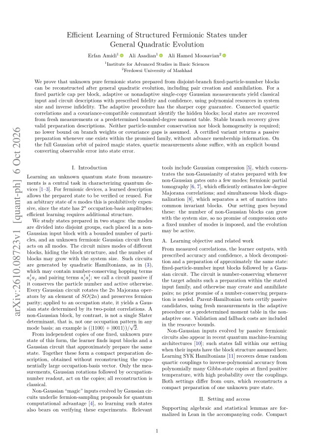 First page of Efficient Learning of Structured Fermionic States under General Quadratic Evolution