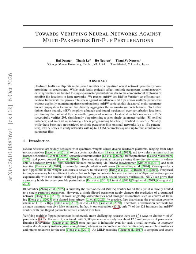 First page of Towards Verifying Neural Networks Against Multi-Parameter Bit-Flip Perturbations