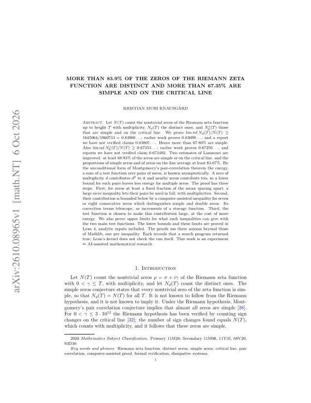 First page of More than 83.9% of the zeros of the Riemann zeta function are distinct and more than 67.35% are simple and on the critical line