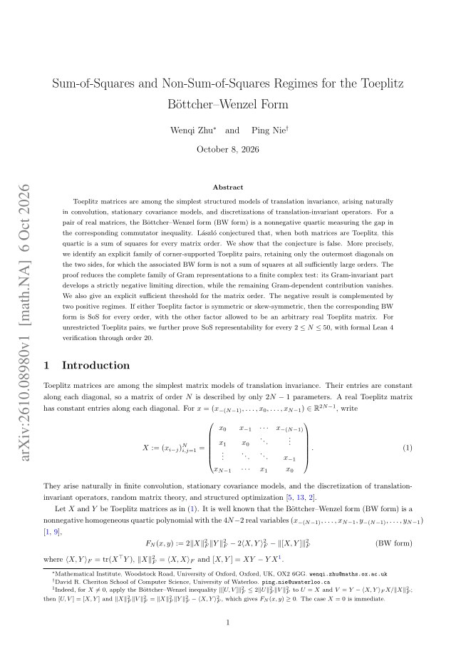 First page of Sum of Squares and Non Sum of Squares Regimes for the Toeplitz Bottcher Wenzel Form