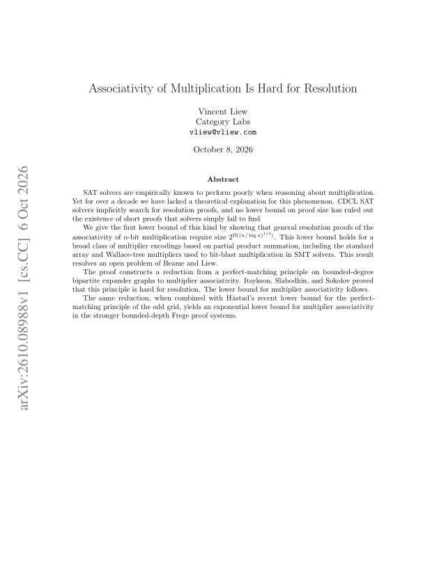 First page of Associativity of Multiplication Is Hard for Resolution