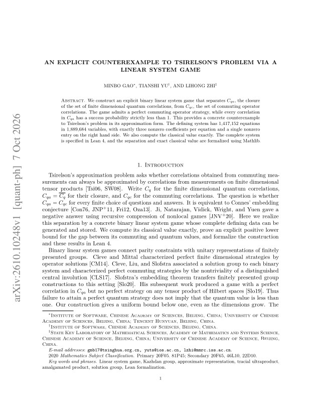 First page of An Explicit Counterexample to Tsirelson's Problem via a Linear System Game