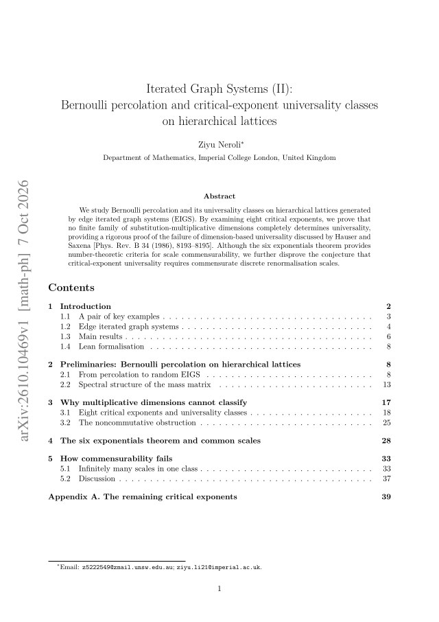 First page of Iterated Graph Systems (II): Bernoulli percolation and critical-exponent universality classes on hierarchical lattices