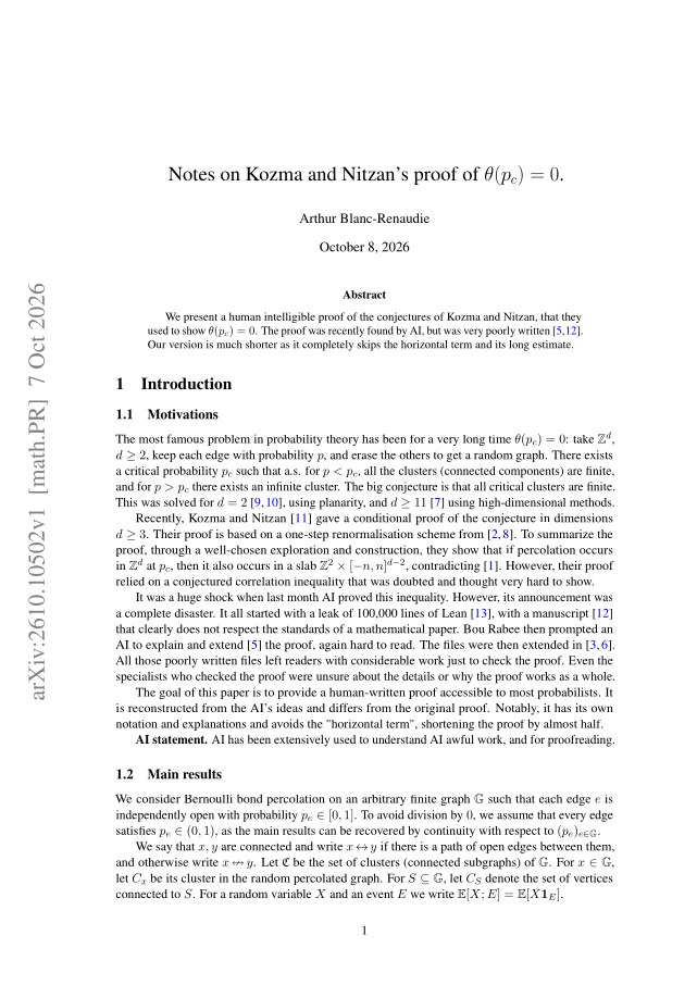 First page of Notes on Kozma and Nitzan's proof of $θ(p_c)=0$