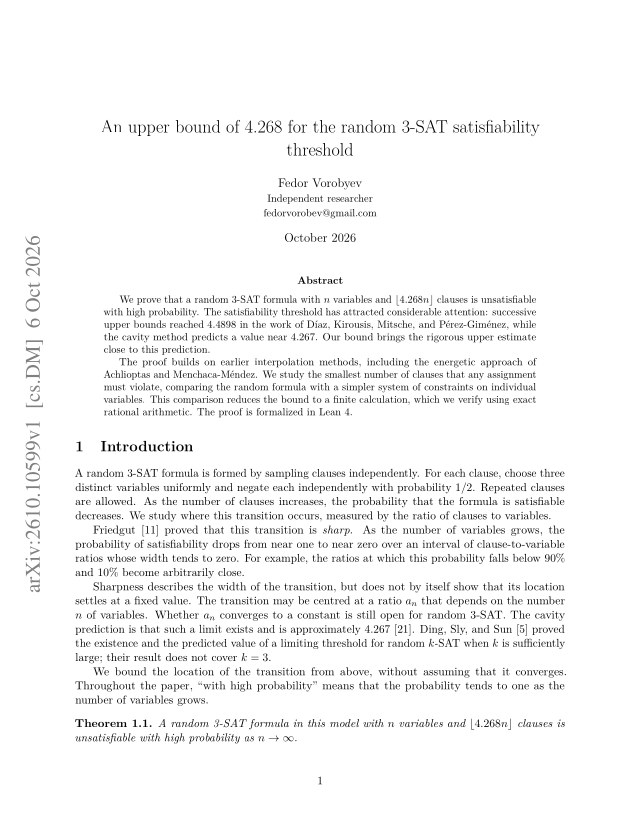 First page of An upper bound of 4.268 for the random 3-SAT satisfiability threshold