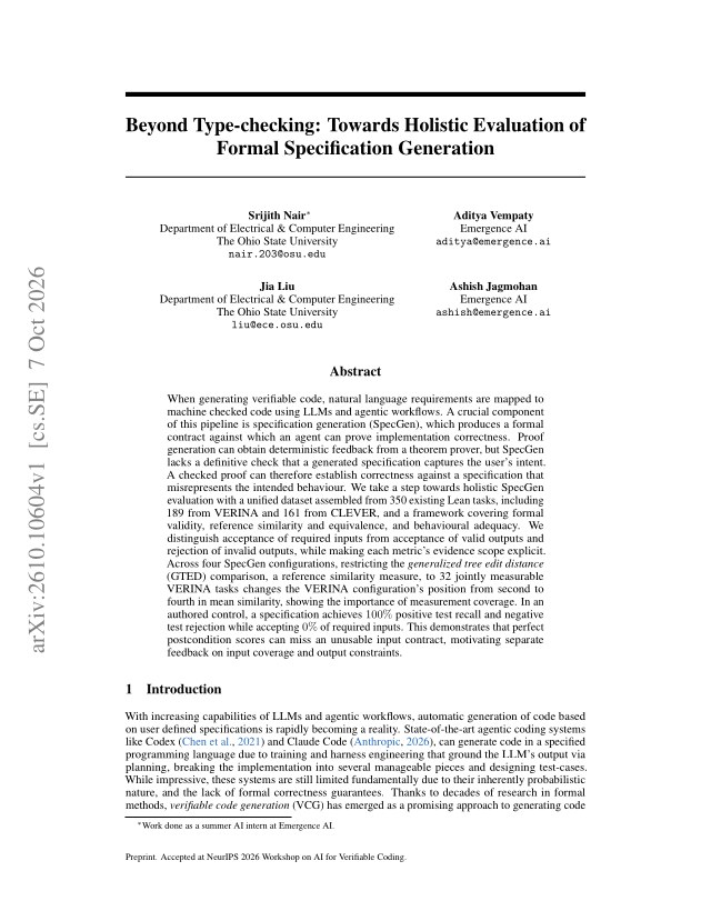 First page of Beyond Type-checking: Towards Holistic Evaluation of Formal Specification Generation