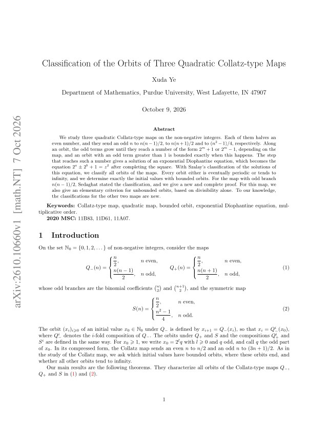 First page of Classification of the Orbits of Three Quadratic Collatz-type Maps