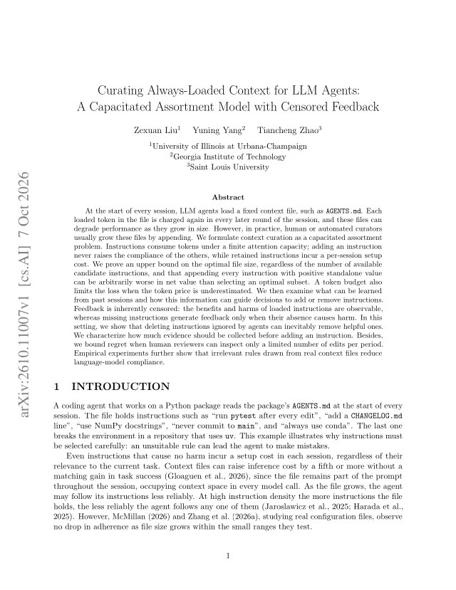 First page of Curating Always-Loaded Context for LLM Agents: A Capacitated Assortment Model with Censored Feedback