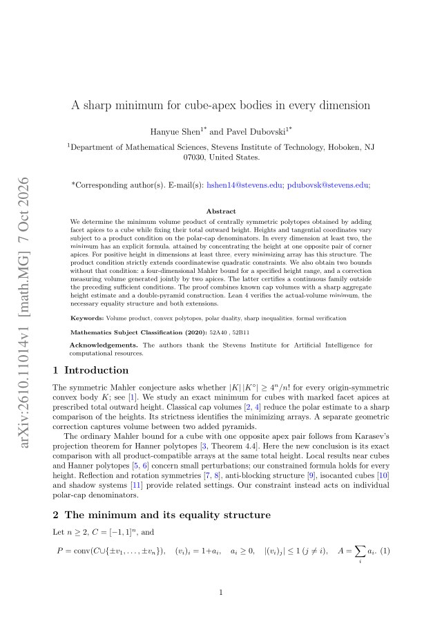 First page of A sharp minimum for cube-apex bodies in every dimension