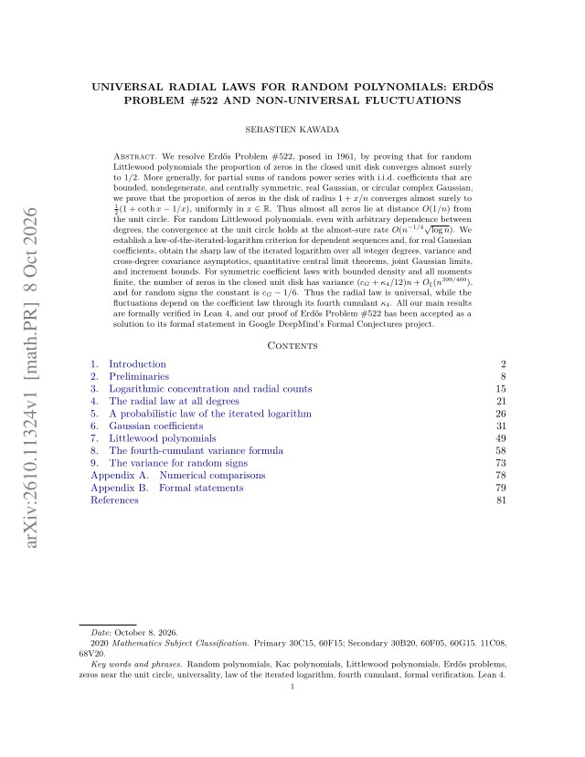 First page of Universal Radial Laws for Random Polynomials: Erdős Problem #522 and Non-Universal Fluctuations