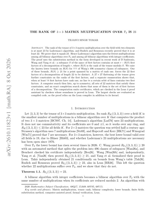First page of The rank of $3\times 3$ matrix multiplication over $\mathbb{F}_2$ is 23