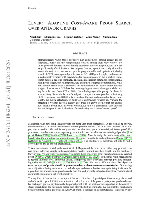 First page of LEVER: Adaptive Cost-Aware Proof Search Over AND/OR Graphs