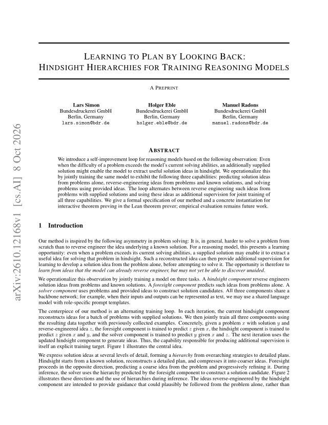 First page of Learning to Plan by Looking Back: Hindsight Hierarchies for Training Reasoning Models