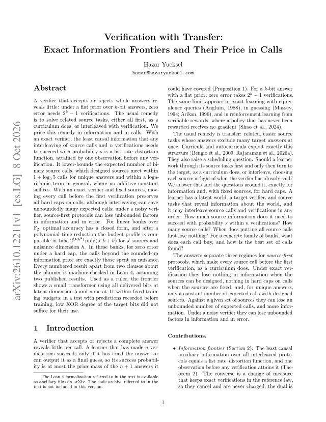 First page of Verification with Transfer: Exact Information Frontiers and Their Price in Calls